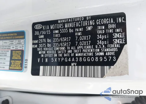 2016 Kia Sorento 2.4L Lx from USA, damaged, VIN 5XYPG4A38GG089573